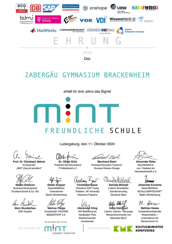 Urkunde: MINT-freundliche Schule 2024